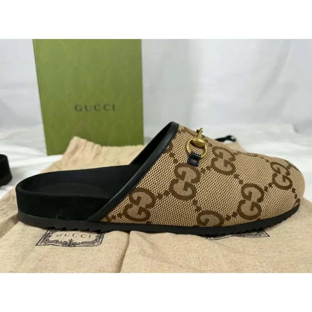 Gucci GG Supreme Maxi Horsebit Mules Canvas Slippers US 13.5 SPB-TS 371578